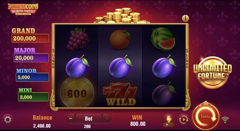 Fortune Coins Unlimited Fortune – grunnleggende 3x3 rutenett med fruktsymboler